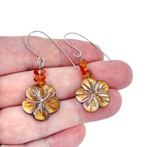 Vintage Sterling Silver 925 Abalone Flower Carnelian Bead Dangle Earrings